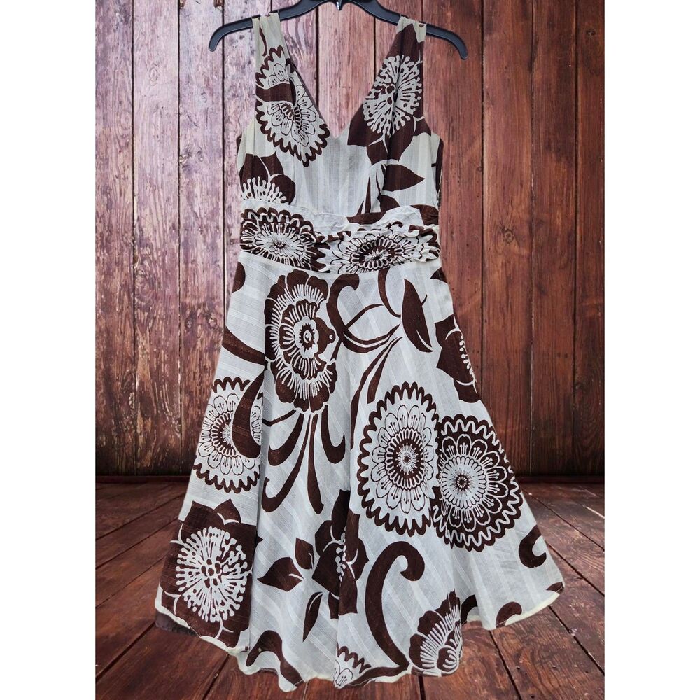 Bethany Womens Dress Size 4 Brown White Retro Floral Sleeveless A-Line Resort